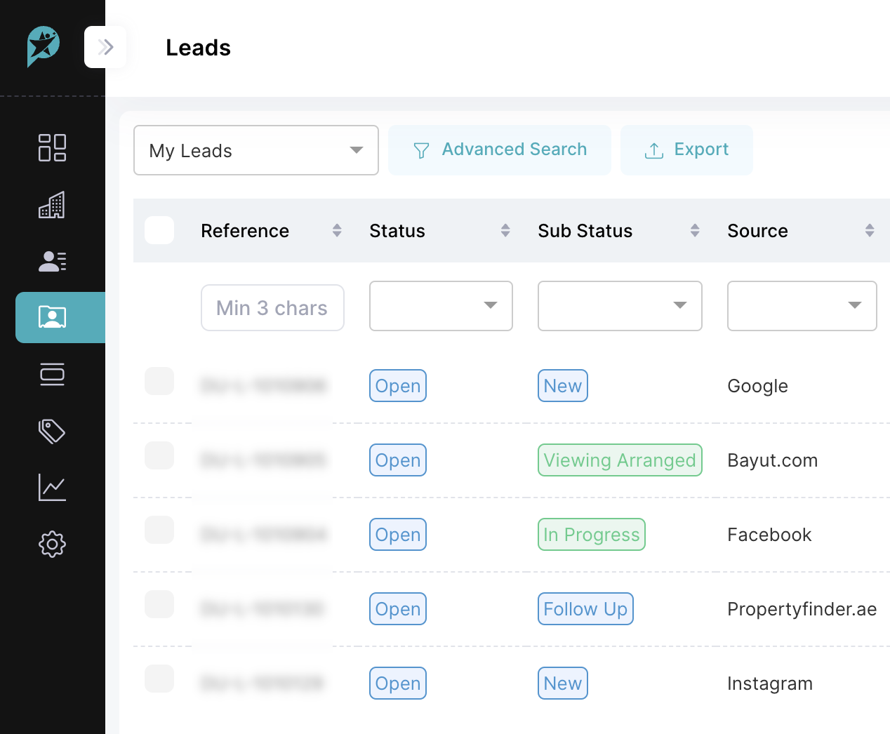 Leads management page showing leads from multiple sources, including Facebook, Instagram, Property Finder, and Bayut.